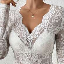 Women Sheer Lace Tops Slim Flower Scallop Trim V Neck Long Sleeve Undershirts  Streertwear - White - View 4