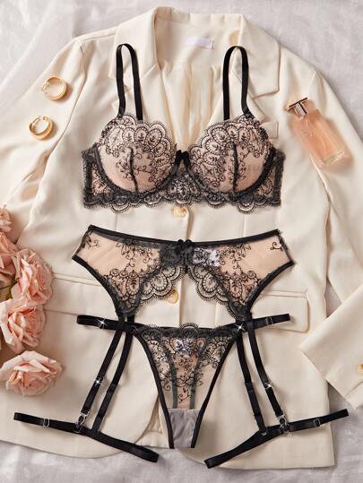 Verleidelijke Lingerie Set, Zwart Mesh Bloemen Geborduurde Padded BH Underwear Intimate Apparel Bedroom, Nightclub view 5