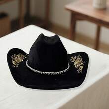 Retro Suede Cowgirl Hat For Women Men Floral Embroidery Wide Brim Western Cap Jazz Hat - màu đen - Xem 5