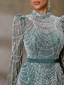 Elisanya Váy dạ hội chữ A đính cườm/sequin cổ cao tay dài FAERIESTY thanh lịch dành cho các buổi dạ hội trang trọng, sự kiện thảm đỏ, đám cưới sang trọng, tiệc chiêu đãi lớn và các sự kiện từ thiện cao cấp - Màu xanh lá cây đậm - Xem 5
