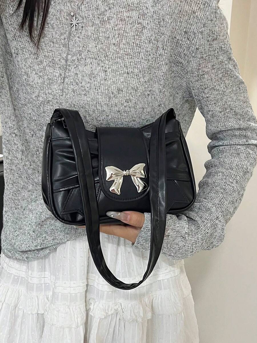 Cloud Ruffle Solid Color Bow Decor Fashionable Shoulder Bag