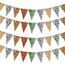 12PCS Jungle Theme Party Supplies Animal Print Pennant Banners Jungle Animal Prints Triangle Flag Zebra Leopard Print Hawaiian Leaf Pattern Banner For Themed Party Zoo (Classic Style)