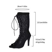 Women's Lace Mesh Open Toe High Heel Mid-Calf Lace-Up Sandal Boots, Black Elegant Back Zipper Fashion Dance Boots, Tropical Print Gothic Style Polyester Hollow-Out Shoes For Holiday, Wedding, Party, Office, Gym, All Season - Black - View 7
