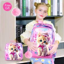 3PCS Backpacks For Girls, 16" Elementary Kids Cute Cat Backpack Preschool School Bookbags And Lunch Box