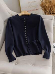 Plain Color Elegant Casual Versatile Cardigan - Navy Blue - View 1