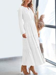 Women Fall Maxi Dresses Long Sleeve High Waist Tiered Flowy A-Line Boho Bohemian Long Dress Beach Holiday Vacation Wedding Guest Valentine Outfit - 白色 - 查看 4