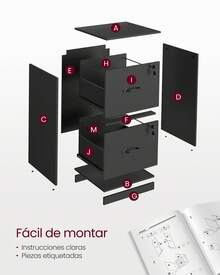 VASAGLE Archivador de 2 Cajones, Archivador con Cerradura, Soporte para Impresora, para Archivos de Tamaño A4 y Carta, Negro Tinta MOFC061B16 - Negro - Ver 5