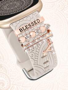 Compatible With Fitbit Versa 4 Bands For Woman/Sense 2/Sense/Versa 3 Bands, Soft Boho Engraved Fancy Silicone Sport Strap With 3Pcs Charm Decorative Ring Loops Compatible With Fitbit Smartwatch - For Fitbit Sense/ Sense 2/ Versa 3/ Versa 4 - View 5