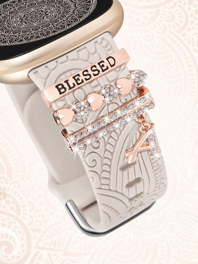 Compatible With Fitbit Versa 4 Bands For Woman/Sense 2/Sense/Versa 3 Bands, Soft Boho Engraved Fancy Silicone Sport Strap With 3Pcs Charm Decorative Ring Loops Compatible With Fitbit Smartwatch - For Fitbit Sense/ Sense 2/ Versa 3/ Versa 4 - View 5