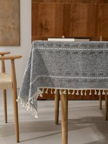 1 pieza Mantel de estilo country americano retro elegante con cuadros grises y calado, rectangular con rayas bordadas y borlas, uso múltiple, adecuado para fiestas festivas, cumpleaños, banquetes, hoteles, hogar, decoración de dormitorio - Gris Oscuro - Ver 8