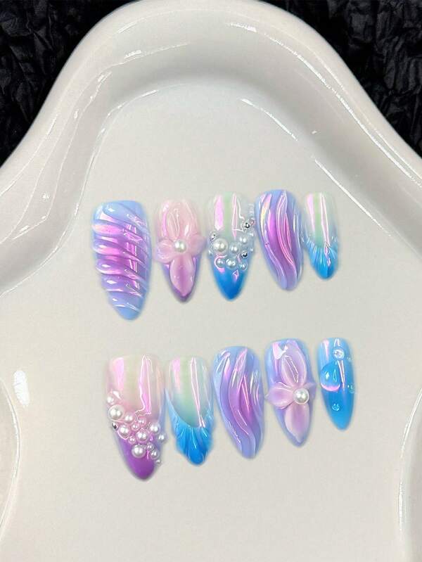10 piezas de uñas postizas acrílicas largas con forma de almendra y estilo francés blanco, con estampado 3D de ojos de gato y estrellas, hechas a mano, para usar en verano, compras, viajes y citas