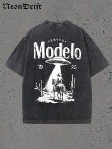 Y2K, Cool,UFO,Outdoor Sport,Modern Streets,Fashionable Pure Cotton Vintage Washed Men's T-Shirt, A Surprise Gift For Family And Friends, With Drooping Shoulder Sleeves And Round Neck,High-Quality Batik Cotton Retro Fashion Brand T-Shirt,A Certain Thickness Suitable For Summer T-Shirts, Holiday Gifts. - 黑色 - 查看 2