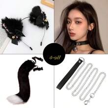 White - Animal Claw Paw Gloves With Cat Ears & Tail, Cute Plush Costume Props, Suitable For Cosplay, Halloween