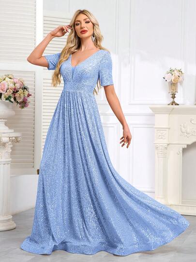 hezixi Elegant Solid Color Sequin Splicing Bra Cup Detail Dress, Suitable For Wedding, Portrait, Party, Formal Evening Event, Festival, Wedding Guest, Cocktail, Night Date, Stage, Concert, Birthday Spring