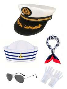Conjunto de gorro de marinero ajustable blanco y negro, gorra de capitán a rayas, bufanda a rayas, gafas de sol de aviador negras, accesorios de disfraz naval, apropiado para fiestas, actuaciones, gorro de enfermera, boina, atuendo del Día de San Valentín