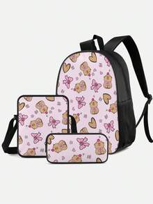 3PCS Back To School Backpack For Girls, Kids Feature Cute Capybara Backpack For Teens Elementary Middle High School Students, Large Capacity 16 Inch School Bags With Shoulder Bags And Pencil Case - Backpack + Shoulder Bag + Pencil Case - View 4