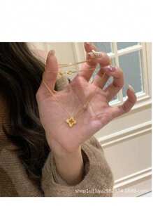 1 pieza Collar gargantilla diseño minimalista versátil de lujo, con textura de trébol hueco en color dorado vintage