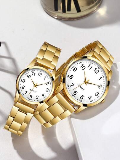 Set de 2 relojes de pareja de negocios casuales de moda, reloj de cuarzo con esfera redonda y correa de acero, set de regalo de pareja adecuado para vacaciones, fiestas, bodas, vuelta al colegio, Navidad, Acción de Gracias, Halloween, Pascua y otras ocasiones