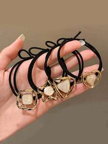 1/3/4/6pcs Set Solid Color Gold Metal Flower, Heart, Geometric Shape Hair Scrunchies, Elegant Vintage Glitter Elastic Hair Accessories For Party, Festival, Daily Outfit, Oval Design Suitable For Women (Small Scratches On Accessories Are Normal), Ponytail Holders, Hair Elastics, Hair Rubber Bands - Gold 6-piece Set - View 9