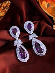 1 Pair Exquisite Silver Plated CZ Long Leaf Teardrop Purple Dangle Earrings, Bridal Cubic Zirconia Women Jewelry For Brides, Wedding, Engagement, Banquet, Party, Gift For Ladies, Bridesmaids, Mother