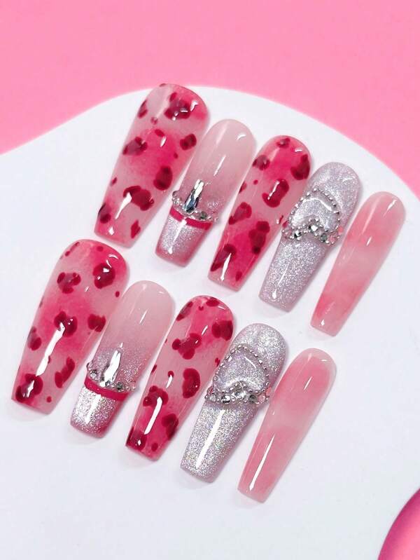 10pcs/Set Handmade Long Coffin-Shaped Nails ,Long Nails,Pink Nails, Pink Ombre, Leopard Print Nails, Explosive Cat Eye Base Color, Crystal Accent, Heart Shape,Detachable, Suitable For Party, Dance, Daily Wear, Student Party, Office Worker Cosplay, Press-On And Reusable