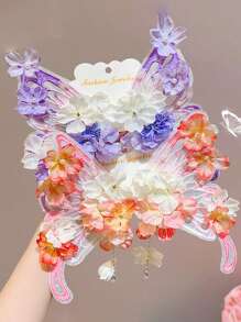 2 buc agrafe de păr cu fundă mare din șifon pentru copii, agrafe de păr cu ciucuri și perle florale fantezie, potrivite pentru petreceri și ieșiri zilnice (fără card)