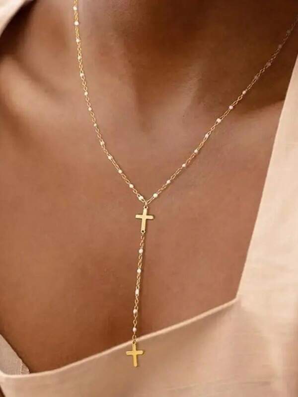 1pc Stylish Long Cross Tassel Pendant Necklace, Delicate Y-Shaped Bead Chain, Fashionable Choker Necklace, Suitable For Daily And Festival Wear
