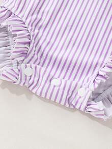 Baby Girls Fashion Cute Striped Patchwork Ruffled Zipper Raglan Sleeve One-Piece Swimwear With Bow Decorated Matching Hat, Casual Beach Vacation Outfit Set - 紫色 - 查看 4