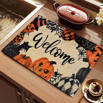 1 pieza, Serie de Halloween, Alfombra de barra de café con estampado de calabaza y hojas, alfombra de drenaje, almohadilla de drenaje de silicona suave para cafeteras, felpudo de secado de platos súper absorbente y resistente al desgaste, para decoración de encimera, restaurante, cocina, terraza, hogar