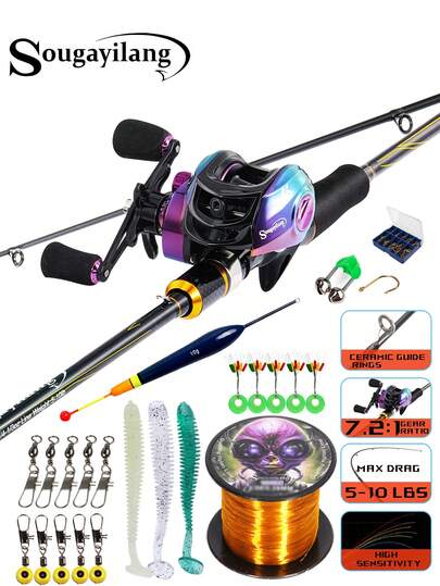 SOUGAYILANG High - Performance Carbon Fiber Baitcasting Fishing Combo: 2 - Section Ultralight Rod With EVA Grip, 7.2:1 High - Speed Reel, Ceramic Guides & Aluminum Spool – Ideal For Freshwater & Saltwater Fishing, Includes Random - Spec Fishing Line
