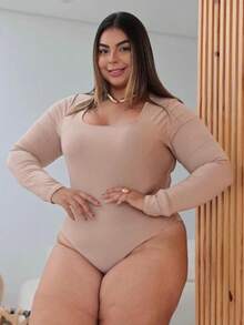 Women's Long Sleeve Square Neckline Suplex Bodysuit Without Pads Autumn Winter Immediate Shipping - 米色 - 大尺碼 GG - 查看 2