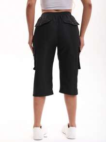 2025 夏季女士时尚工装七分裤，带松紧腰带和口袋，休闲街头服饰 - 黑色 - 查看 7