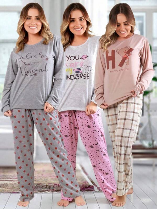 Kit com 3 Pijamas Femininos de Inverno Roupa de Dormir quente para o Inverno Moda Intima Conjunto Feminino Confortavel Estampado