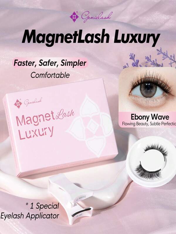 [Ebony Wave] Genielash Magnetic Eyelashes 4 Pieces(1 Pair) With Clip Reusable Natural False Eyelashes No Glue Safety 3D False Eyelash For Makeup