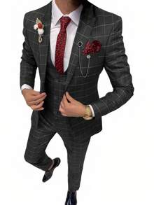 Mens Suit 4 Piece Suit Plaid Double Breasted Formal Business Wedding Prom Suit Male Groom, Blazer+Vest+Pant - màu đen - Xem 1