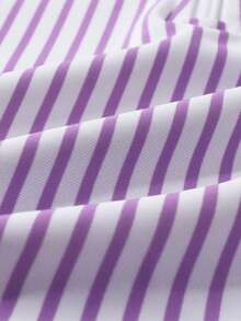 Baby Girls Fashion Cute Striped Patchwork Ruffled Zipper Raglan Sleeve One-Piece Swimwear With Bow Decorated Matching Hat, Casual Beach Vacation Outfit Set - 紫色 - 查看 9