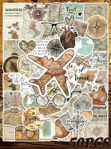 50pcs World Travel Map Stickers, Creative Simple Literary Cartoon Stickers, It's DIY Decorative Stickers For Books, Mobile Phone Cases, Notebooks, Skateboards, Guitars, Parties, Suitcases, And Graduation Season Gifts, Birthday Gifts, Christmas Halloween Gifts, Etc - Multicolor - View 1