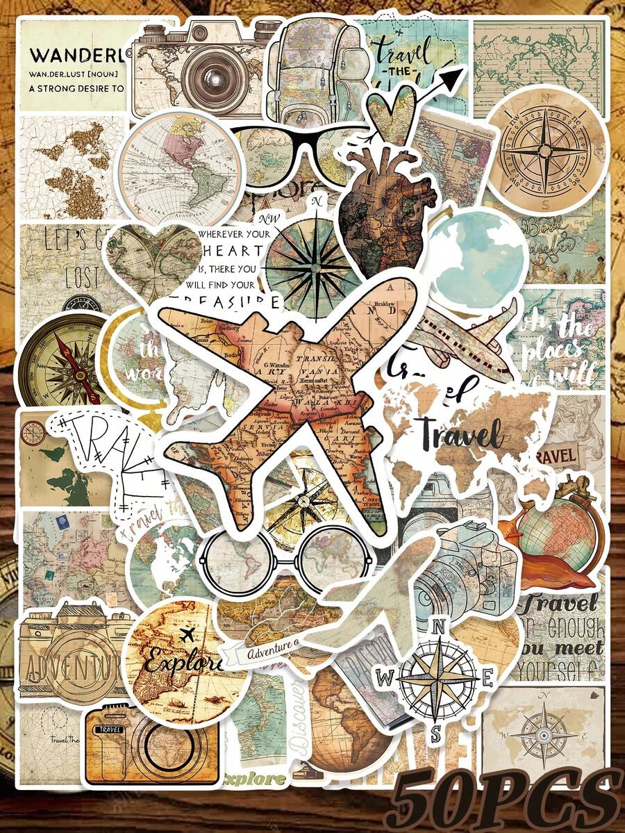 50pcs World Travel Map Stickers, Creative Simple Literary Cartoon Stickers, It's DIY Decorative Stickers For Books, Mobile Phone Cases, Notebooks, Skateboards, Guitars, Parties, Suitcases, And Graduation Season Gifts, Birthday Gifts, Christmas Halloween Gifts, Etc - Multicolor - View 1