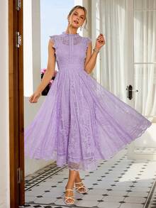 Simplee 女士优雅复古蕾丝喇叭连衣裙，派对礼服，婚纱，生日礼服，毕业礼服，紫色夏季连衣裙 - 紫色 - 查看 6