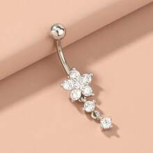 1pc Fashion Personalized Gold Stainless Steel Rhinestone Decorated Flower Tassel Navel Piercing, Women Body Jewelry