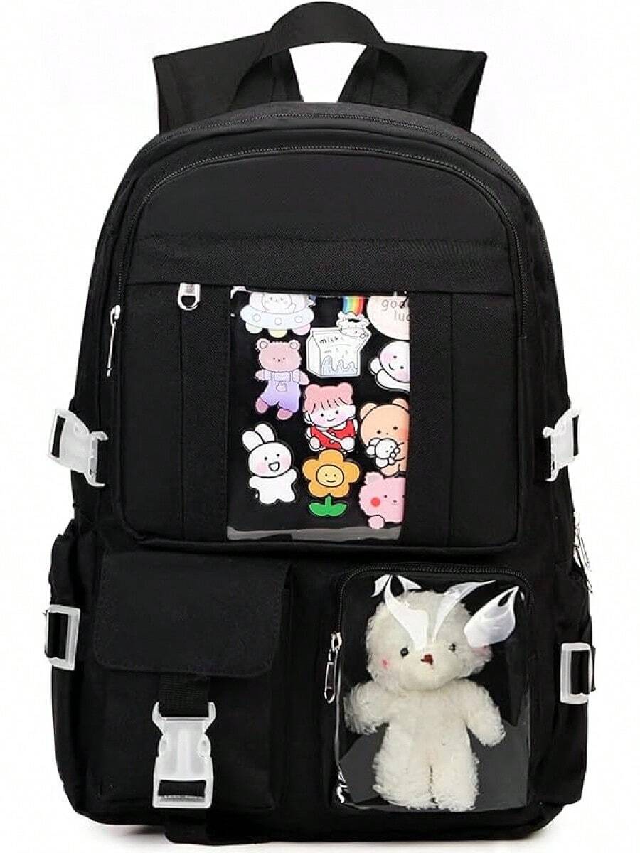 Kawaii Backpack For Teen Girls, Cute Aesthetic High Middle School College Bookbag With Accessories, Beige - Dark Black - 查看 1