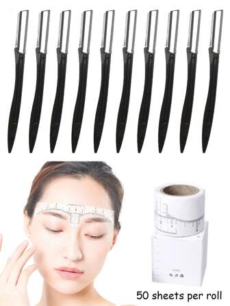 60pcs Eyebrow Styling Tool Set, Includes 1 Roll Of 50pcs Disposable Eyebrow Ruler Stencils For Beginners, Convenient Tear-Off Design, 10pcs Stainless Steel Eyebrow Trimmer With Protective Net, Suitable For Microblading Artists And General Use By Men And Women
