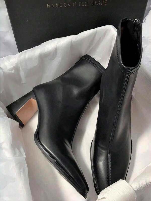 Stivaletti corti da donna in patchwork marrone, tacco alto e grosso, cerniera sul retro, punta quadrata, nuovo stile invernale versione coreana, stivali aderenti ed eleganti