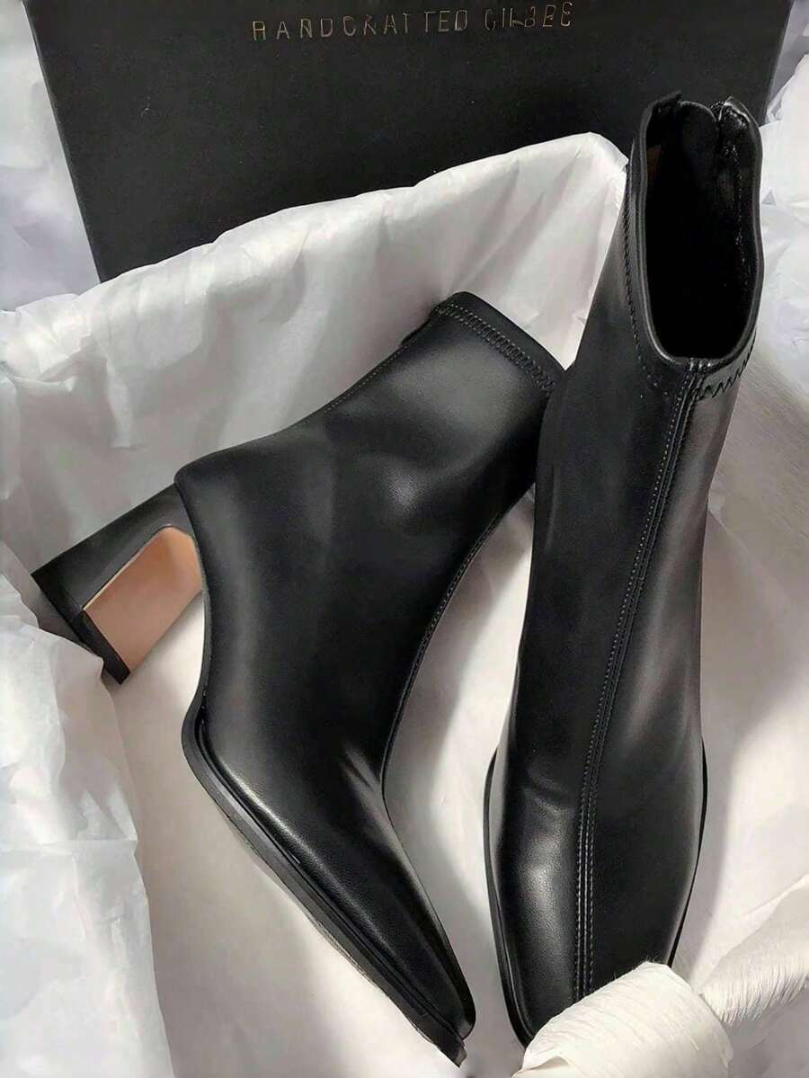 Brown Patchwork Short Boots For Women, High Heel Chunky Heel Back Zipper Square Toe, New Style Winter Korean Version Elastic Skinny Boots,Elegant