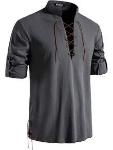 Men's Pure Cotton Retro Lace Up Shirts For Renaissance Pirate Viking Medieval - Grey-d - View 1