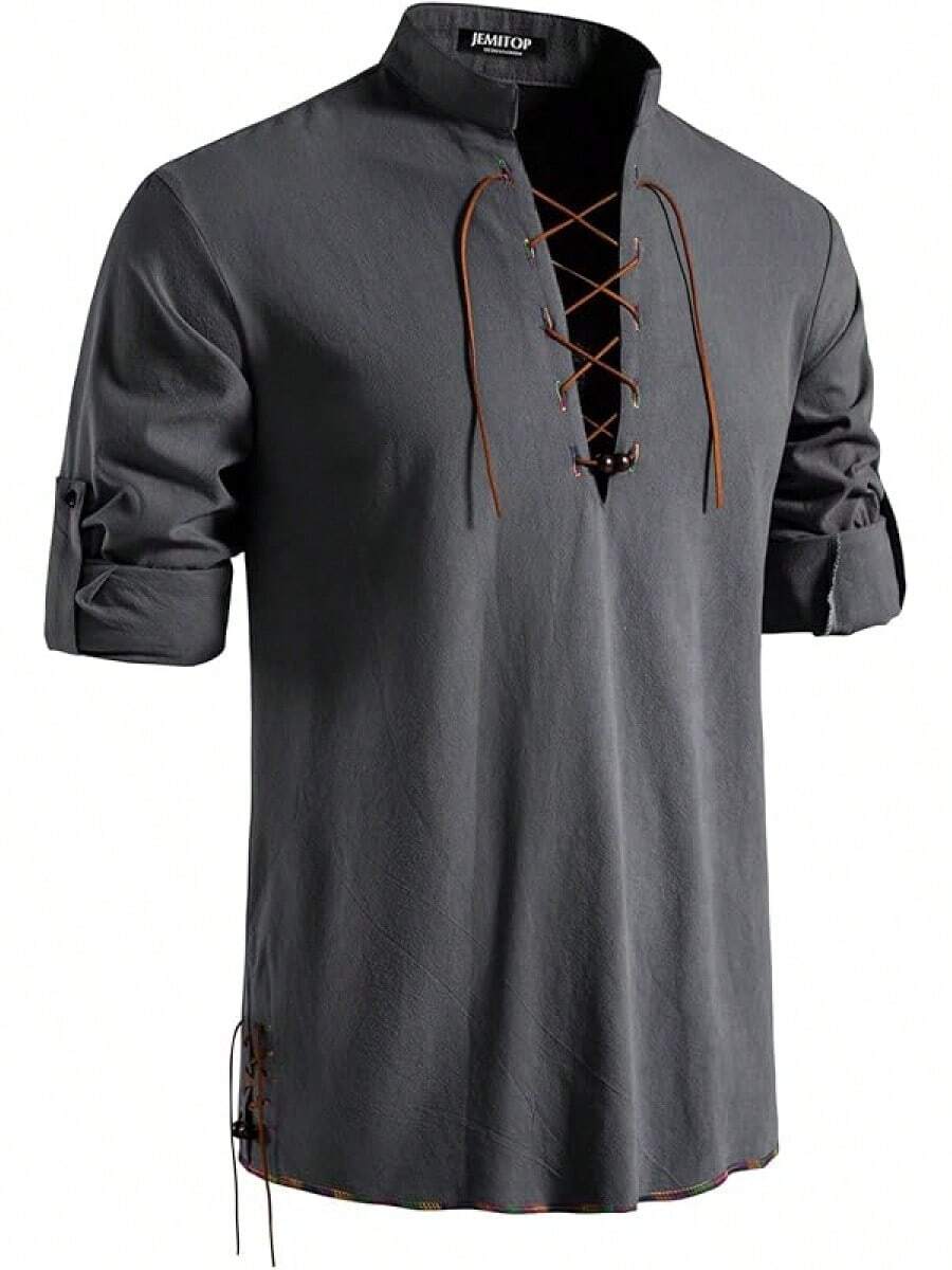Men's Pure Cotton Retro Lace Up Shirts For Renaissance Pirate Viking Medieval - Grey-d - View 1
