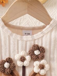 HAO6 Baby Girl Autumn New 0-3 Years Old Fashion Set, Beige Long Sleeve Top With Crochet Flower & Bow, Paired With Brown Pants, Baby Girl Casual Ribbed Fabric Long Sleeve & Pants Set - Apricot - View 3