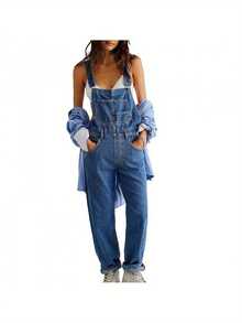 Women Denim Long Jumpsuit Casual Spaghetti Strap Wide Leg Romper Pants Summer Baggy Bib Overalls - Màu xanh đậm - Xem 1