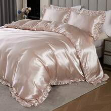 300 Thread Count Satin Duvet Cover Set Ruffled Duvet Cover Set Silk Like Satin Bedding Set Solid Color Bedding Sets Silky Ruffled Duvet Cover Set Luxury Hotel Bedding Cover Set All Season Quilt Cover With Pillowcases - Bụi hồng - Xem 3