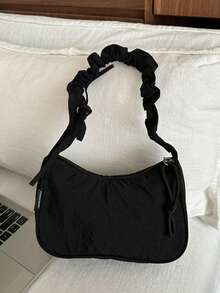 1 件云朵褶饰闪亮面料新月形单肩包，适合女士，时尚简约优雅 - 黑色 - 查看 11